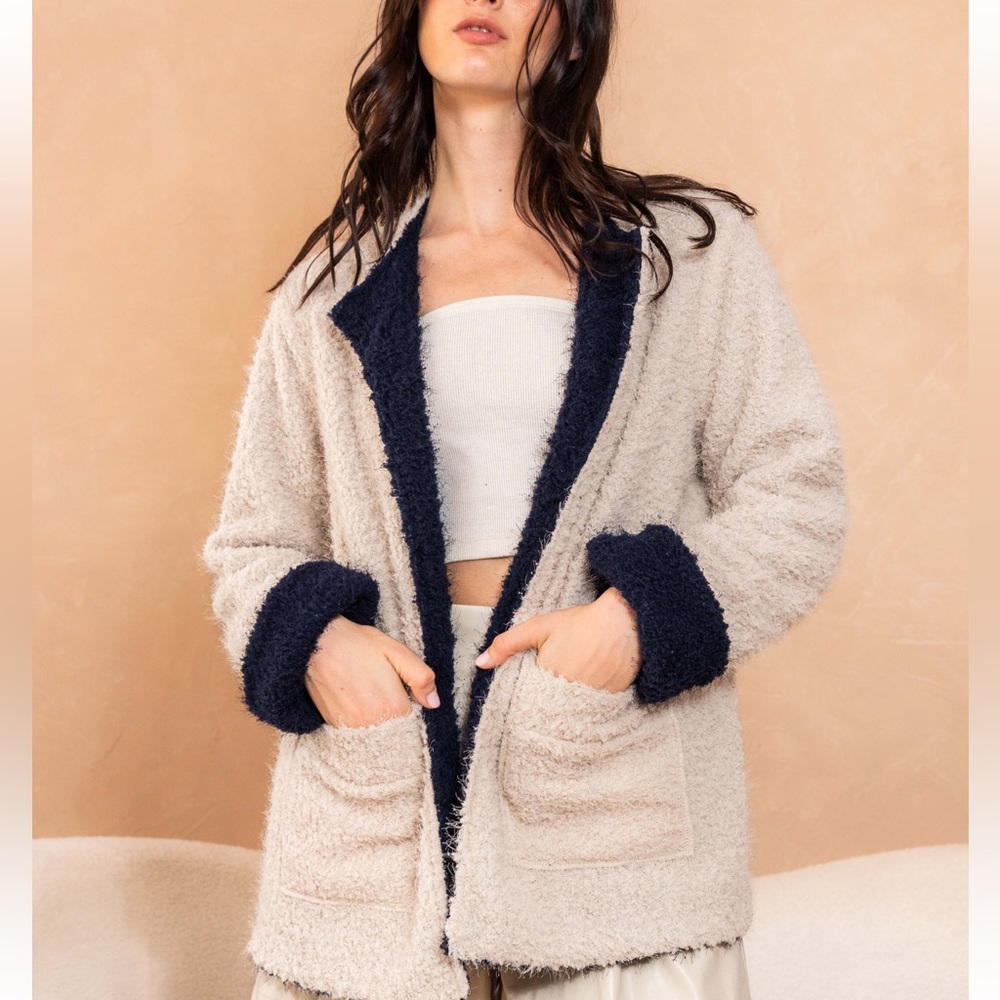 Color Block Fuzzy Jacket With Front Pockets - image 1